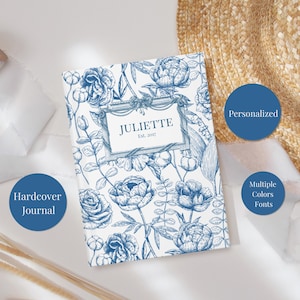 Blue French Toile Personalized Vintage Notebook Custom Journal Coquette CottageCore Bridesmaid Proposal, Wedding Bridal Party Gift