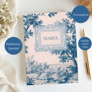 Blue Toile Personalized Journal Custom Diary, Vintage Coquette CottageCore Gift, Bridesmaid Proposal, Wedding Bridal Party Gift