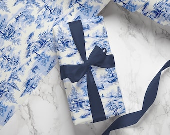 Papel de regalo Toile francés azul: elegante papel de regalo vintage