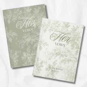 May include: Two wedding vow books with a floral pattern. One is sage green with "His Vows" in white script. The other is off-white with "Her Vows" in green script. Both books have the names "Elodie & Louis" and the date "06.16.2026".