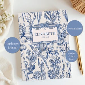 Personalized Blue French Toile Notebook Botanical Custom Journal Coquette CottageCore Gift For Her Book Custom Diary Birthday Gift For Girl