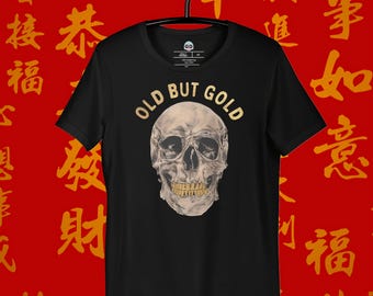 Camiseta de calavera retro: esqueleto dorado, camiseta de temporada espeluznante