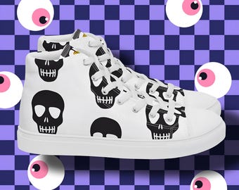 Men's White Skull High Top Canvas Sneakers: Gothic Fashion Shoes