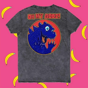 Oh My Godz! Denim T-Shirt, Kaiju Tee, Funny Graphic Shirt, Monster Lover Gift, Pop Culture Tee, Vintage Kaiju Tee, Funny Monster Shirt