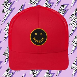 No Worries Embroidered Trucker Cap, Smile Face Hat, 3D Puff Embroidered, Positive Quote