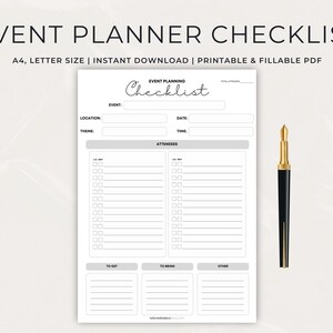 May include: A printable event planner checklist in PDF format. The checklist includes sections for event details, attendees, to get, to bring, and other. The checklist is designed for A4 or letter size paper.