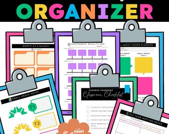 May include: A colorful printable teacher planner organizer with sections for monthly calendar, assessment results, small group lesson planning, small group notes, classroom checklist, and PLC team meeting notes.