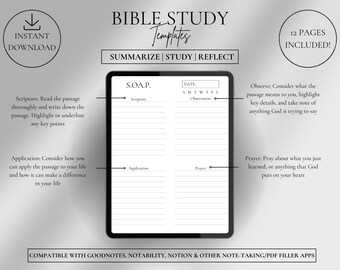 Minimalist Digital Bible Study Template Bundle, SOAP, ACTS, REAP Templates, Faith Planner, Chapter Summary, Sermon Notes, Reading Reflection