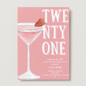Minimalistische Einladung zum 21. Geburtstag | Pink Cocktail-Themed Digital Invite | Moderne Aquarell-Geburtstags-Party Karte