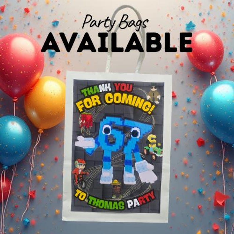 May include: A white party bag with a colorful design and the text "THANK YOU FOR COMING!" and "TO THOMAS PARTY". The bag is surrounded by balloons in red, yellow, and blue, with confetti in the background. The text "Party Bags AVAILABLE" is at the top.