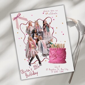 Pode incluir: Um cartão de convite de aniversário com cinco pessoas em uniformes escolares, um bolo rosa de vários andares com velas e uma fita rosa. O texto diz: please join us to celebrate, Olivia's 11th Birthday, July 19, 123 Anywhere St., Any City, ST 12345 | 2PM.