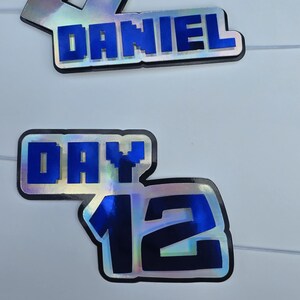 May include: Two-piece cake toppers with the name "DANIEL" and the text "DAY 12" in blue, outlined in black. The toppers have a holographic, iridescent finish and are set against a white background.
