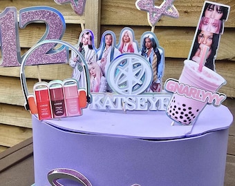 Personalized K-Pop Katseye Cake Topper Set - Custom Name and Age - 9 Piece 3D Glitter Decor - Boba Tea Pop Star Theme Purple & Pink