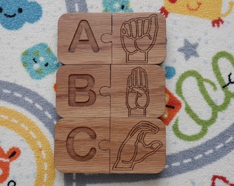 ASL Alphabet Puzzle: Montessori Wooden Matching Tiles