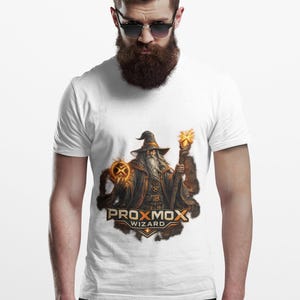 May include: White t-shirt featuring a wizard graphic with the text "Proxmox Wizard". The wizard is depicted with a long beard, holding a staff and a glowing orb. The design is in shades of brown, orange, and gold.