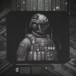 Peut inclure: Illustration en niveaux de gris d'un soldat portant un casque, un masque et un gilet tactique. Le gilet est orné de composants électroniques, de clés USB et d'un Raspberry Pi. Le fond présente du code binaire et des circuits imprimés.