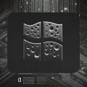 May include: A distressed graphic of the Windows logo, rendered in black and grey, with a bullet-hole effect. The logo, made of four squares, has multiple impact marks. The background is dark, with binary code and circuit board patterns.