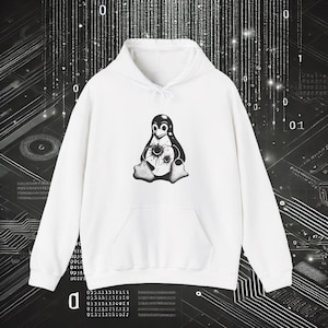 May include: White hoodie with a front pocket and drawstring hood. The hoodie features a black and white graphic of a penguin with a sunburst design on the front. The background has a digital circuit board design.