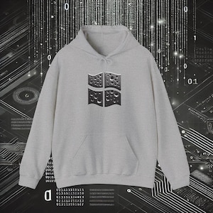 May include: A light gray hoodie with a front pocket and a drawstring hood. The hoodie features a dark gray graphic of four connected squares with a dotted pattern. The background has a digital circuit board design.