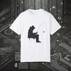 Peut inclure: T-shirt blanc avec une silhouette noire d'une personne pêchant. Le dessin représente une personne assise avec une canne à pêche et un petit carré au bout de la ligne. Image minimaliste et artistique de la pêche.