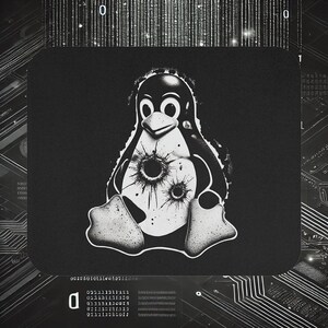 May include: Black and white mouse mat featuring a stylized illustration of Tux, the Linux penguin, with bullet hole graphics. The background has a digital circuit board design.