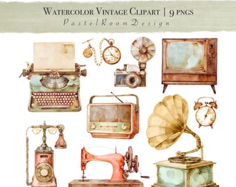 Pacote de clipart vintage em aquarela – Máquina de escrever, câmera, rádio, telefone retrô, gramofone e muito mais – 9 elementos PNG