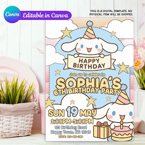 Cartoon Invitation, Kawaii kitty cinna-moon, Kuro-omi Birthday Invitation, Customizable Invitation, Canva Invitation Digital Download
