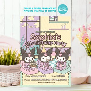 Kawaii Kuro Cat Birthday Invitation: Customizable Canva Template (Digital Download 5x7 in)