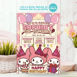 Kawaii Cat Birthday Invitation: Customizable Cartoon Template (Digital Download, Canva Editable 5x7in)