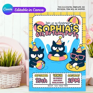 Cartoon Invitation, Kawaii Kitty Invitation, Kuro-omi Birthday Invitation, Customizable Invitation, Canva Invitation Digital Download