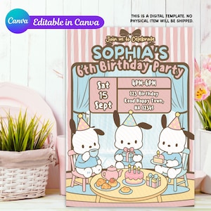 Cartoon Invitation, Kawaii Birthday Invitation, Pu-chaku Birthday Invitation, Customizable Invitation, Canva Invitation Digital Download
