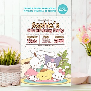 Kawaii Cat Birthday Invitation: Pastel Cartoon Family, Editable Canva Template (Digital Download)