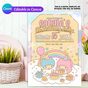 Cartoon Invitation, Kawaii Kitty Invitation, Cute twins Birthday Invitation, Customizable Invitation, Canva Invitation Digital Download