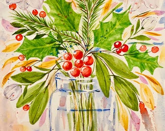 Original Watercolor Flower Bouquet, Botanical Painting