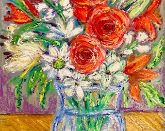 オイルパステル風景画、壁画、自然画、オイルパステル画、花のアート