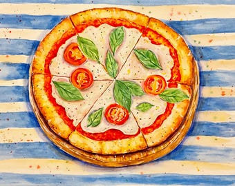 Watercolor Margarita Pizza - Hand Painted by me - 11x15 inches
