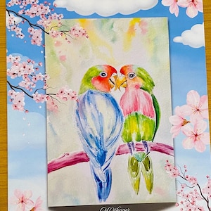 Aquarel dwergpapegaaien-handgeschilderd door mij!  Het is een afdruk van 5 x 7 op een luxe kaart.  Wordt geleverd met een envelop.  Het kan worden ingelijst of het is een kaart:)