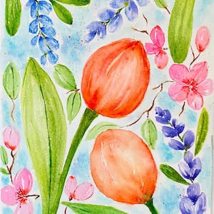 Original Spring Flowers Watercolor Painting: 7x10 Cotton Paper
