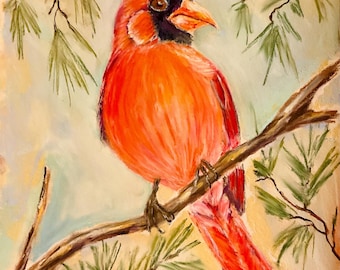 De kardinaal: door mij handgeschilderd met zachte pastelkleuren op geschuurd papier.  Dit stuk meet 9 x 12 inch.  Het papier is gearchiveerd.