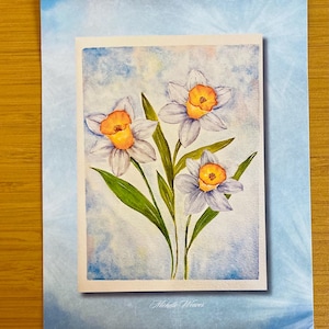Aquarell Narzissen von mir gemalt!  Die Karte hat die Größe 13 x 21 cm.  Sie wird mit einem Umschlag geliefert.  Sie kann gerahmt werden oder ist eine Karte:)