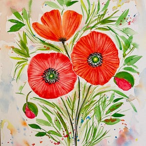 Watercolor Poppies painted by me on 9x12 cotton paper!