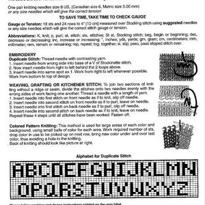 May include: A page from a knitting pattern book with instructions and an alphabet chart. The text includes abbreviations, instructions for embroidery, weaving, and colored pattern knitting. The alphabet chart displays uppercase letters.