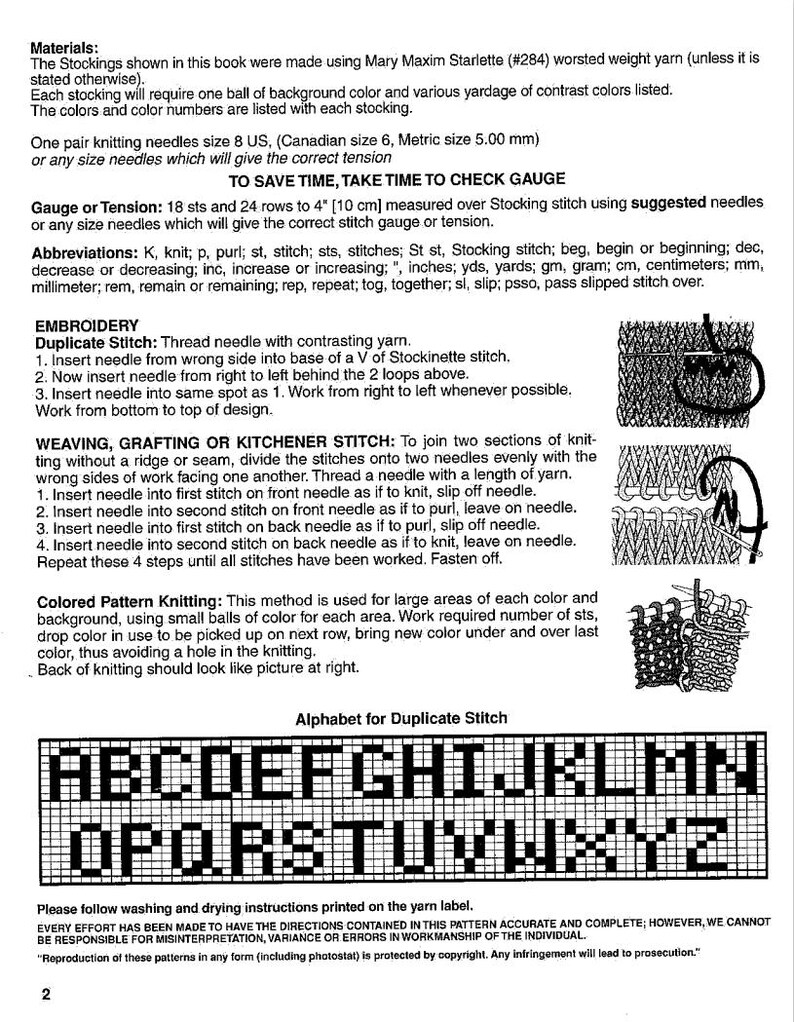 May include: A page from a knitting pattern book with instructions and an alphabet chart. The text includes abbreviations, instructions for embroidery, weaving, and colored pattern knitting. The alphabet chart displays uppercase letters.