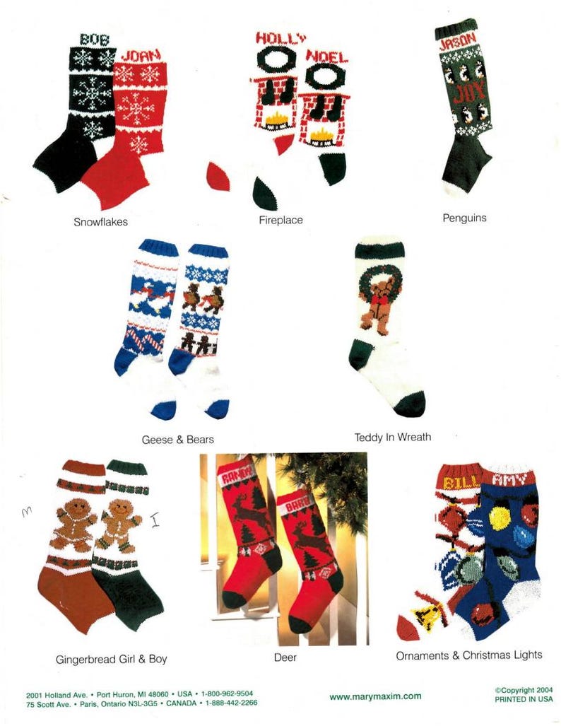 May include: A collection of Christmas stockings with various designs. The stockings include snowflakes, fireplaces, penguins, geese and bears, a teddy bear in a wreath, gingerbread people, deer, and ornaments with Christmas lights. Each stocking has a name.