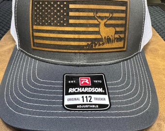 Deer American Flag Hat, Leatherette patch, Richardson 112
