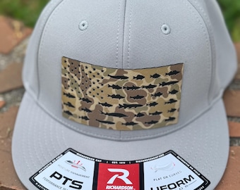 Fish American Flag Hat, camouflage Leatherette patch, Richardson Uform Flexfit