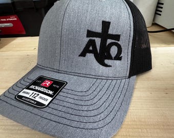 Alpha Omega Cross Hat – Christian Embroidered Richardson 112 Trucker Faith Cap