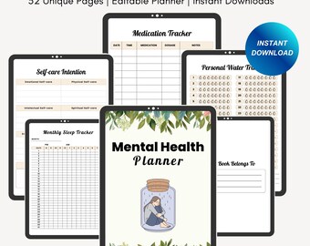 May include: A digital mental health planner displayed on several tablets. The central tablet features the title "Mental Health Planner" with an illustration of a person inside a jar. Other tablets show pages for self-care, medication tracking, and sleep tracking.