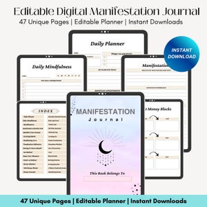 Può includere: Un diario di manifestazione digitale con 47 pagine uniche. La copertina presenta una luna crescente e stelle su uno sfondo sfumato rosa e blu. Il testo "MANIFESTATION JOURNAL" è in bianco e nero. Il diario include pagine per la pianificazione quotidiana, la consapevolezza e i blocchi di denaro.