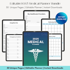 Può includere: Un pacchetto di pianificatore medico digitale con una copertina blu e verde, con il testo "2025 MEDICAL PLANNER" e un simbolo medico. L'immagine include pagine per informazioni ospedaliere, contatti di emergenza e fornitori di assistenza sanitaria. Un cerchio blu indica "DOWNLOAD IMMEDIATO".